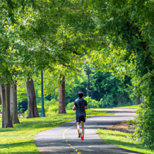 A person jogging in a park surrounded by green trees.