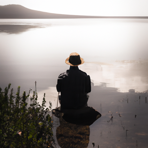 A person sitting in meditation by a tranquil lake, reflecting on their life's purpose and goals